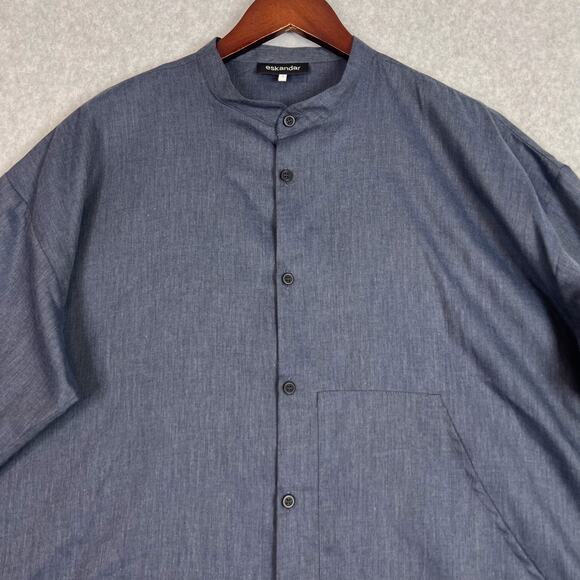 Eskandar Blue 100% Cotton Band Collar 3/4 Sleeve Button Up Tunic Size 1 - Picture 2 of 8